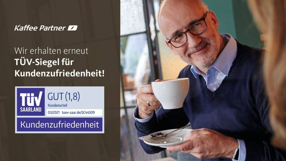 TÜV Siegel bestätigt zufriedene Kaffee Partner-Kunden